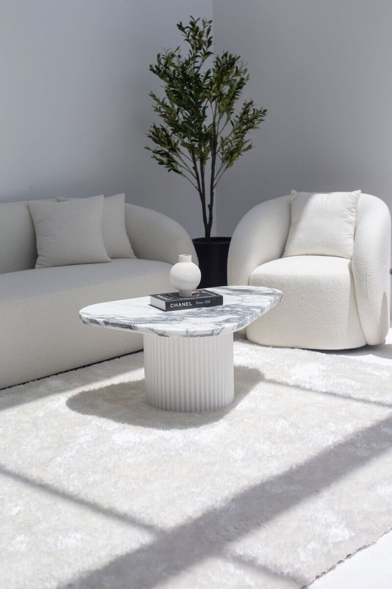 Melita Arabescato Marble Triangle Coffee Table With White Base