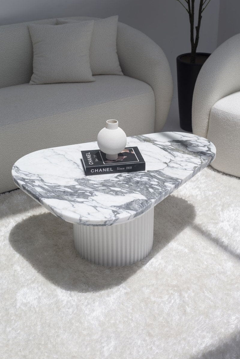Melita Arabescato Marble Triangle Coffee Table With White Base