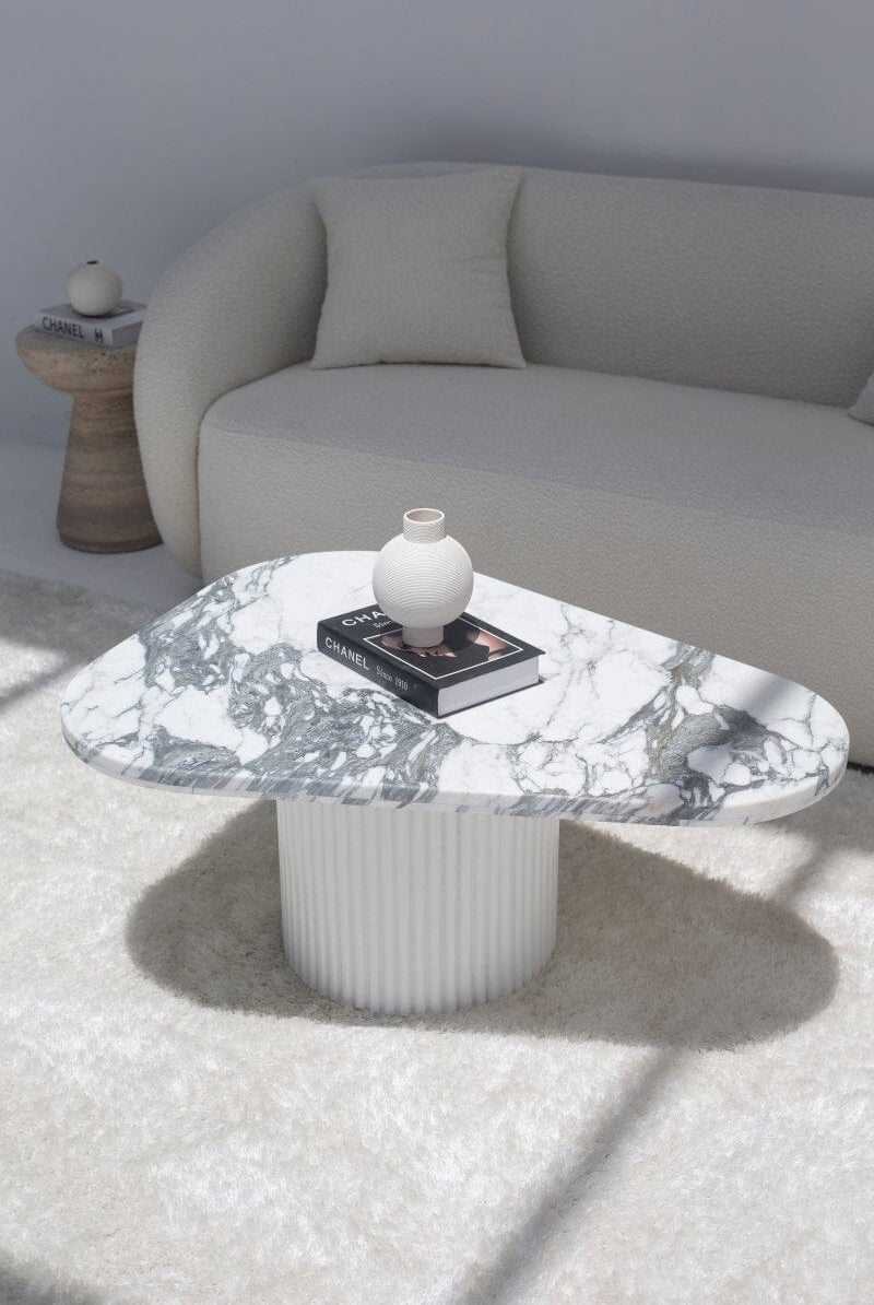 Melita Arabescato Marble Triangle Coffee Table With White Base