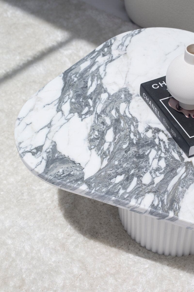 Melita Arabescato Marble Triangle Coffee Table With White Base