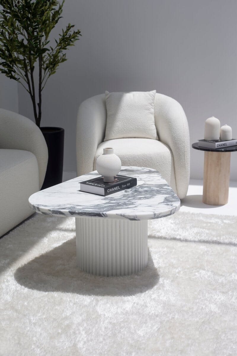 Melita Arabescato Marble Triangle Coffee Table With White Base