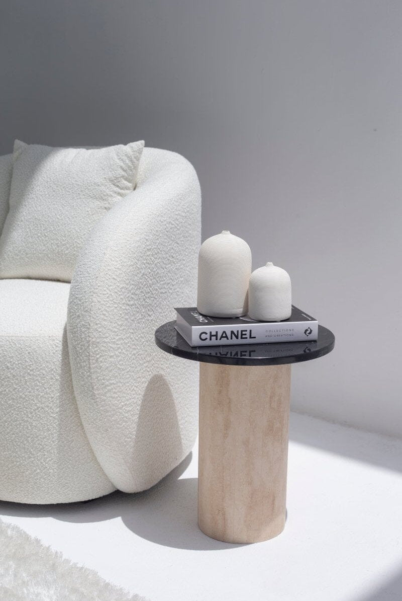 Harriet Black Marquina Side Table with Travertine Base
