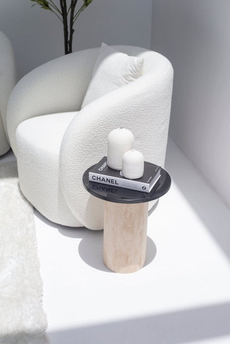 Harriet Black Marquina Side Table with Travertine Base