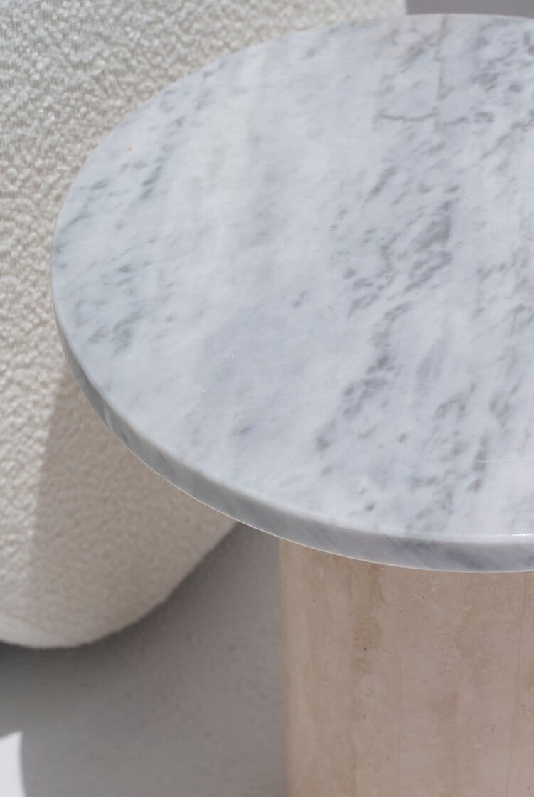 Harriet Carrara Marble Side Table with Travertine Base
