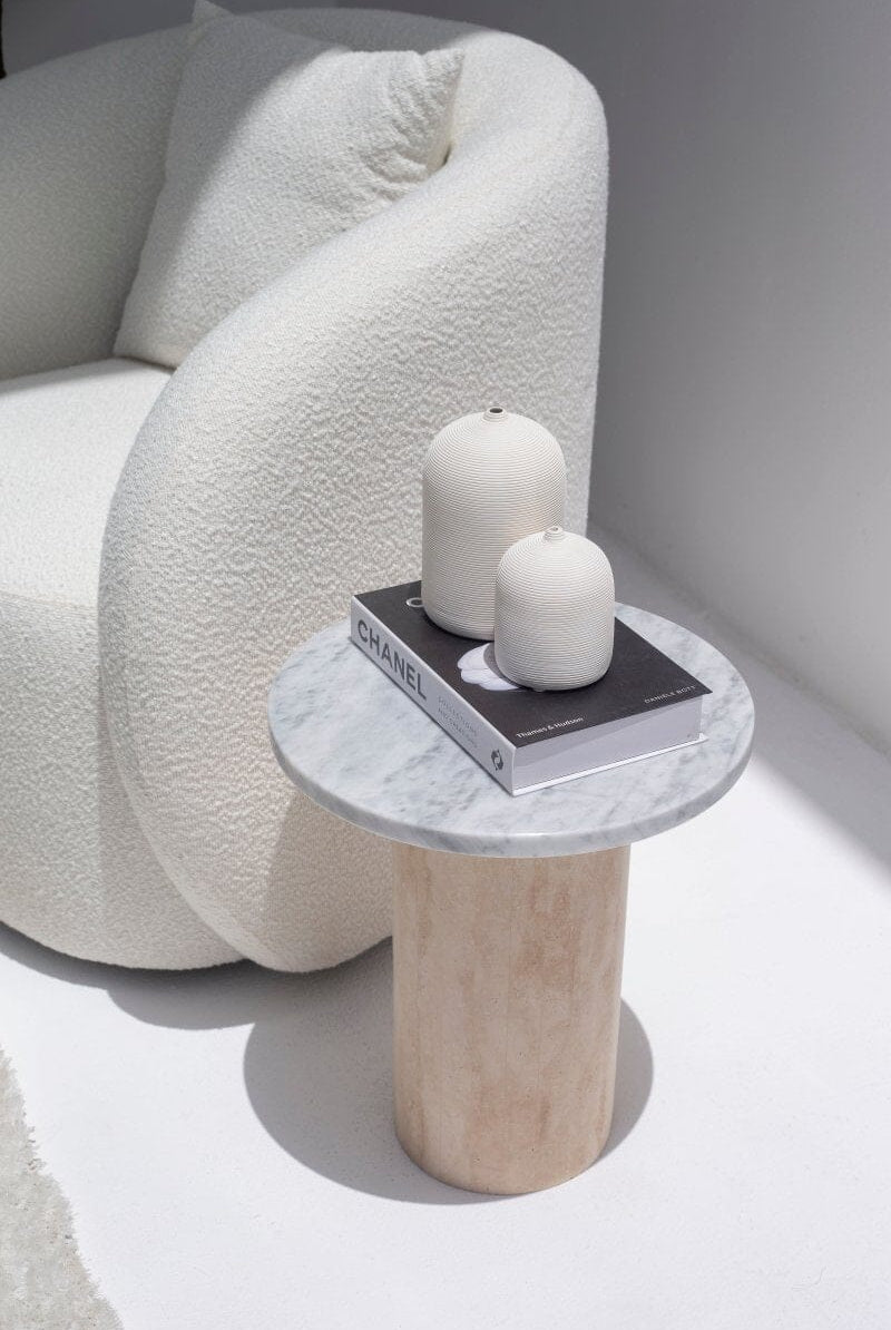 Harriet Carrara Marble Side Table with Travertine Base