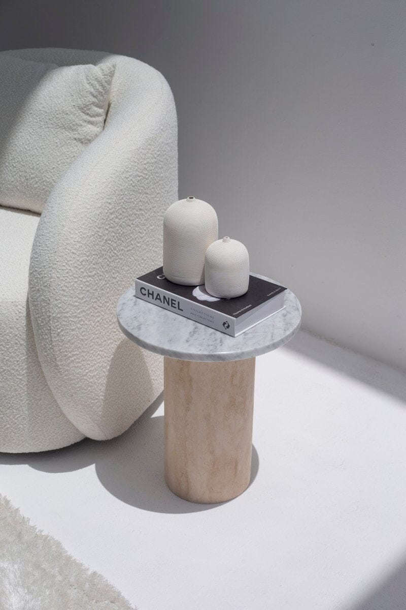 Harriet Carrara Marble Side Table with Travertine Base