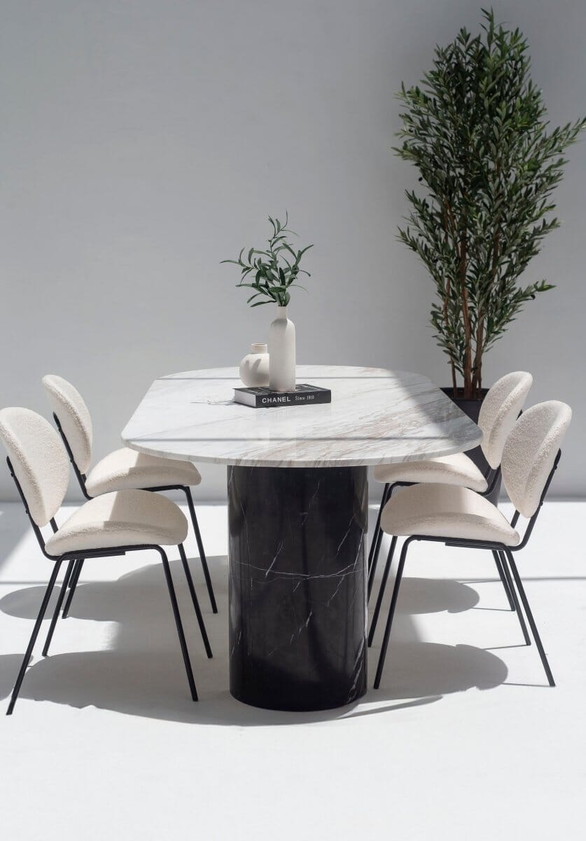 Ayla Greek Calacatta Marble Oval Dining Table With Black Marquina Base (3 Sizes)