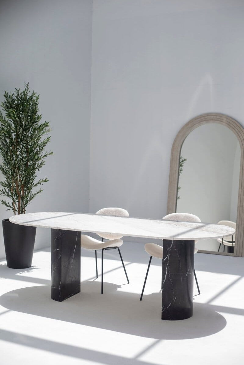 Ayla Greek Calacatta Marble Oval Dining Table With Black Marquina Base (3 Sizes)
