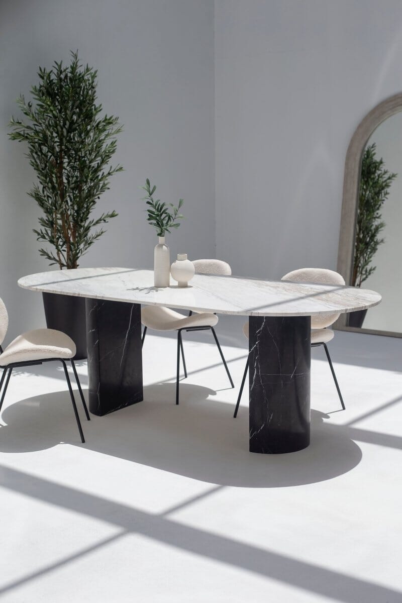 Ayla Greek Calacatta Marble Oval Dining Table With Black Marquina Base (3 Sizes)
