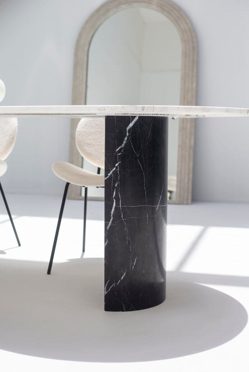 Ayla Greek Calacatta Marble Oval Dining Table With Black Marquina Base (3 Sizes)