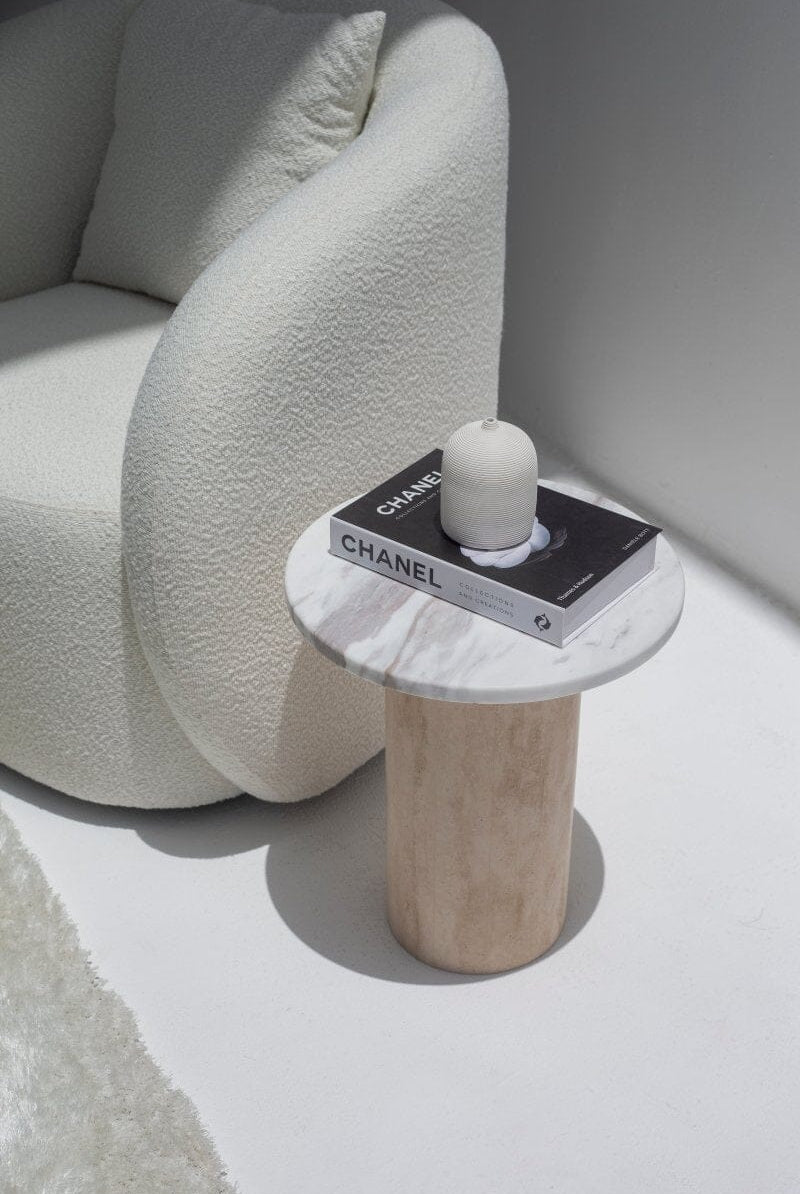 Harriet Volakas Marble Side Table with Travertine Base