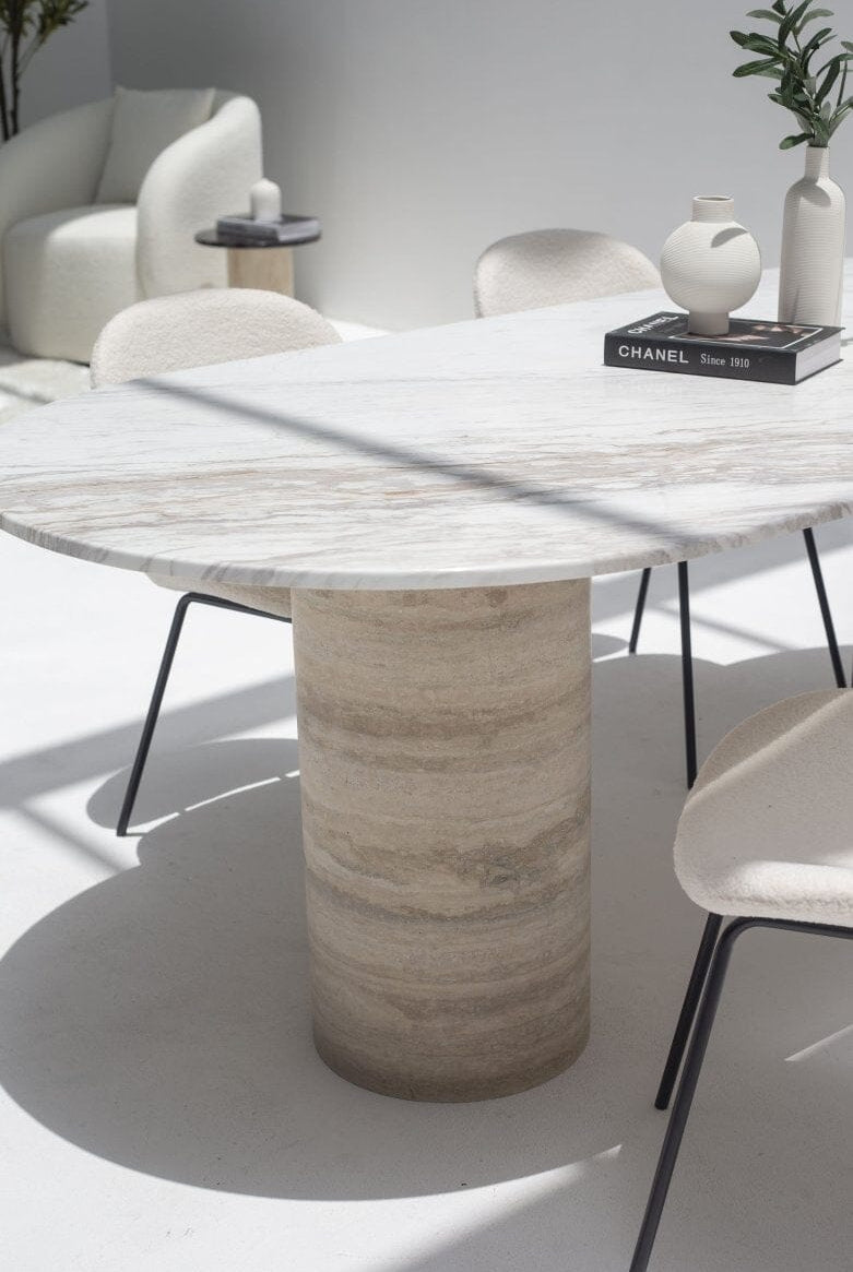 Ayla Greek Calacatta Marble Oval Dining Table With Travertine Base (3 Sizes)