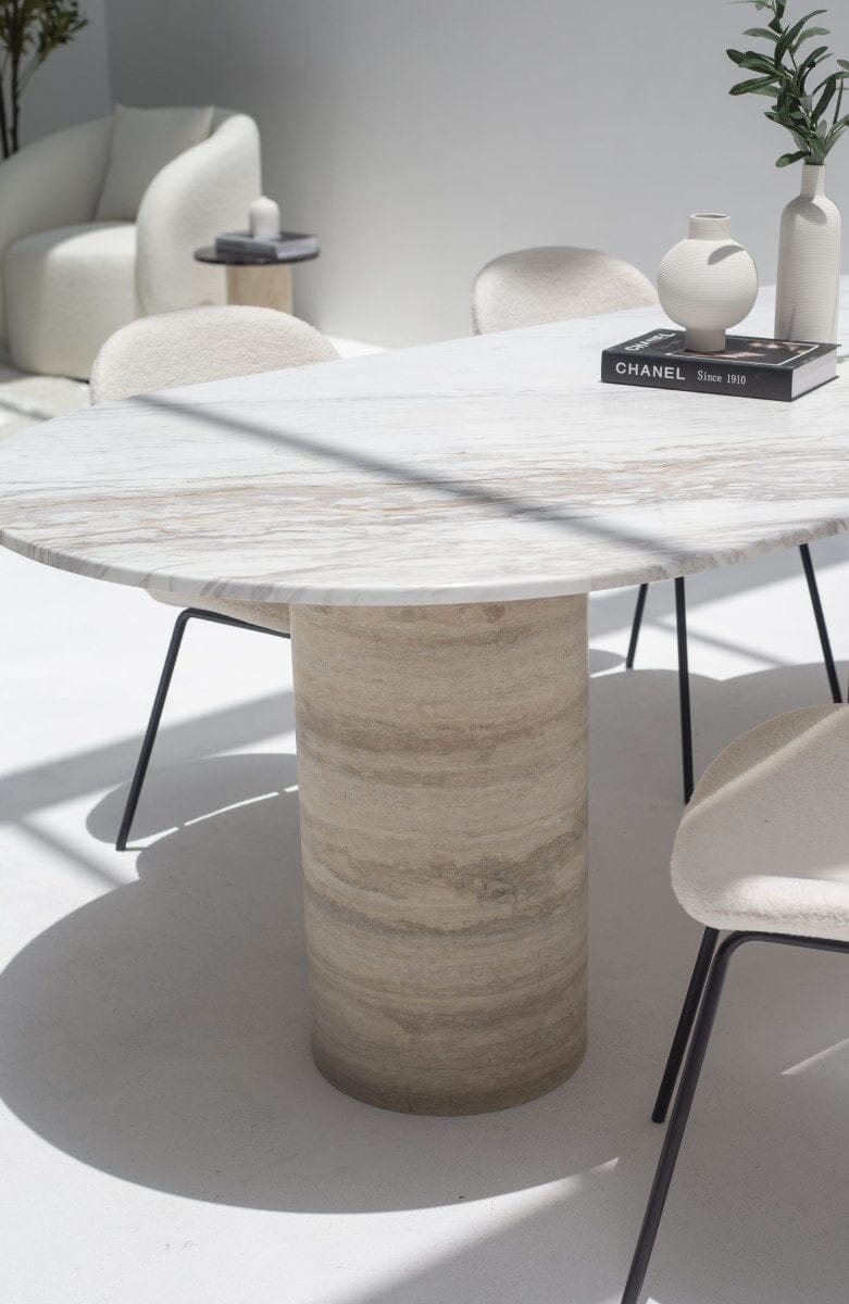 Ayla Greek Calacatta Marble Oval Dining Table With Travertine Base (3 Sizes)