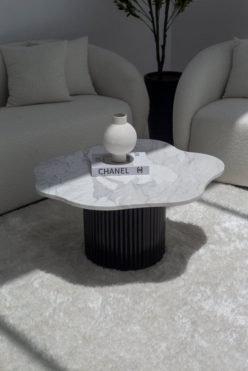 Klytie Statuario Marble Irregular Coffee Table (3 Base Colors) 83CM Length x 77CM Width x 42CM Height Black