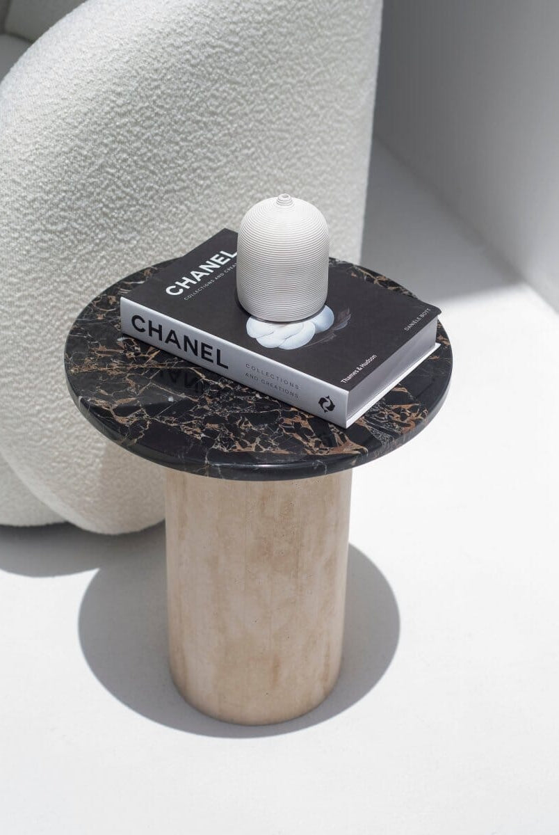 Harriet Black Portoro Marble Side Table with Travertine Base
