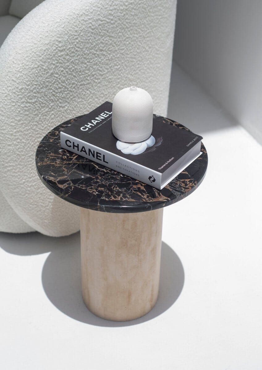 Harriet Black Portoro Marble Side Table with Travertine Base