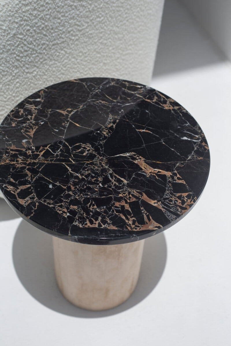 Harriet Black Portoro Marble Side Table with Travertine Base