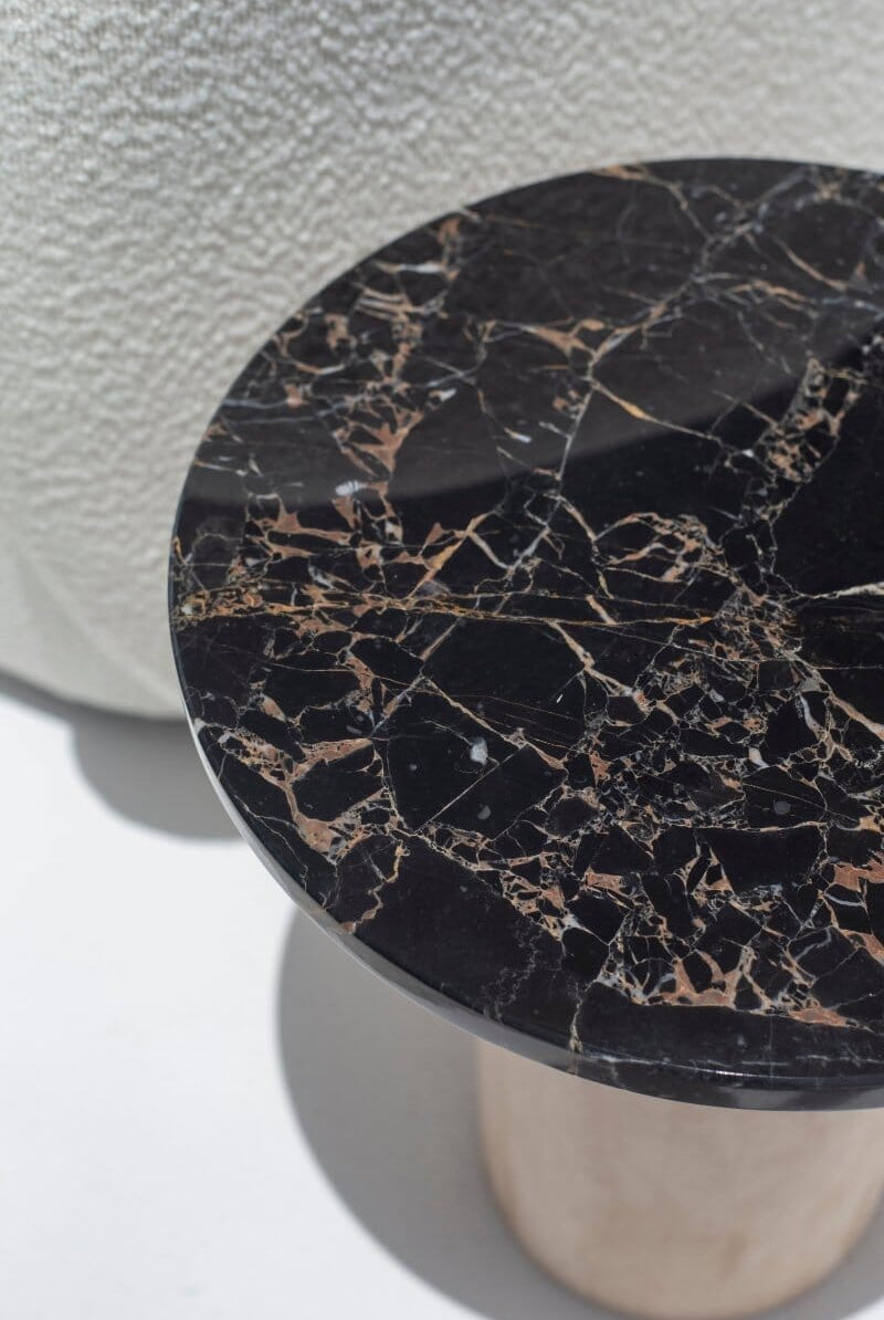 Harriet Black Portoro Marble Side Table with Travertine Base