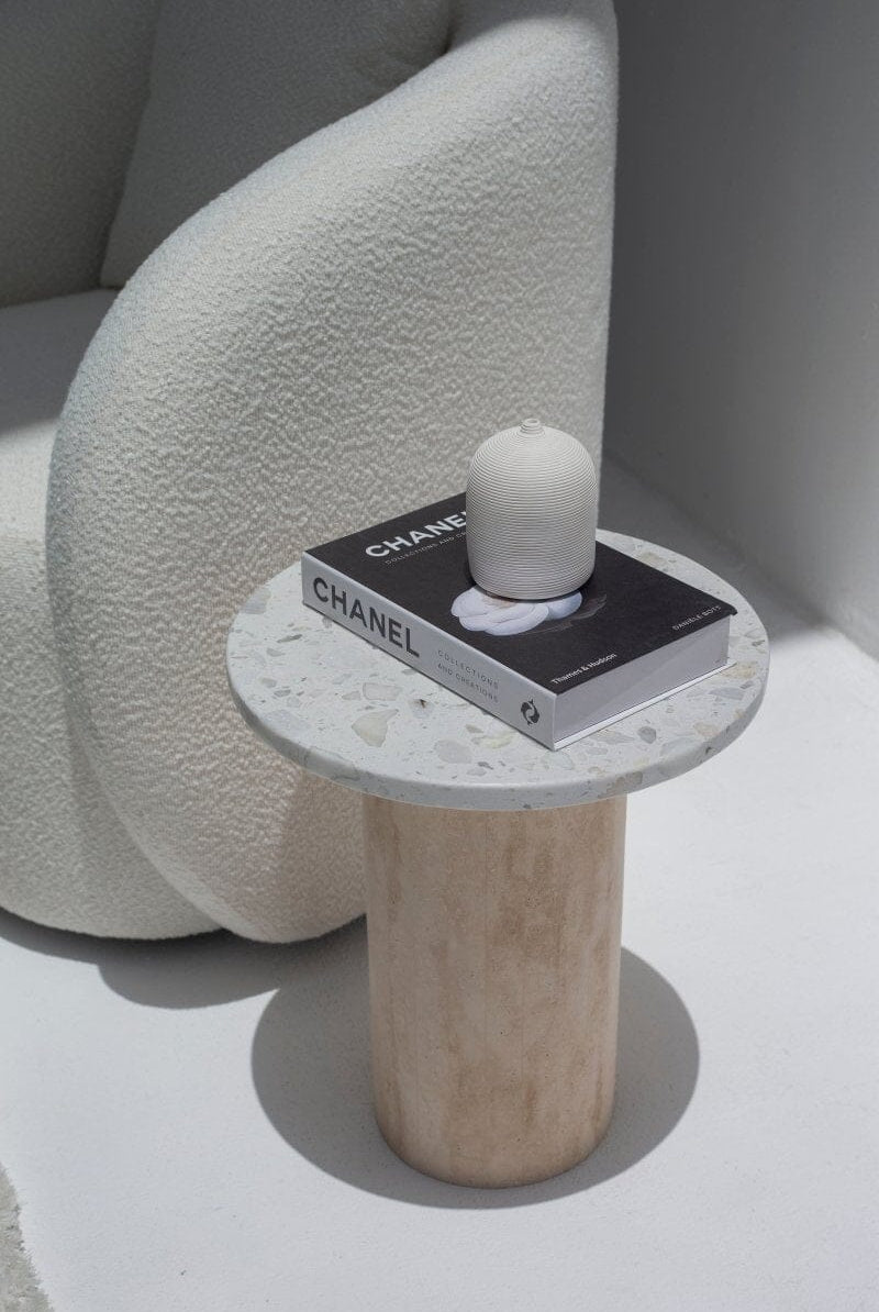 Harriet Terrazzo Marble Side Table with Travertine Base