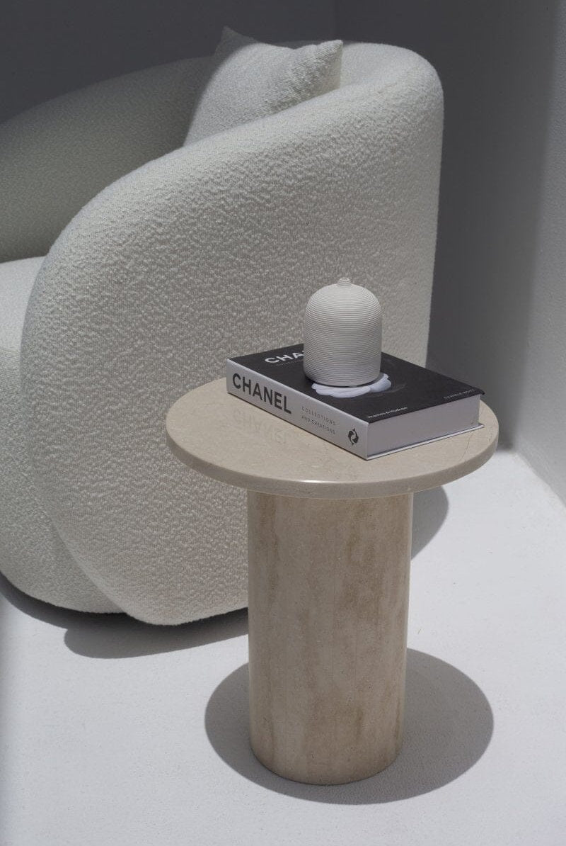 Harriet Crema Marfil Side Table with Travertine Base