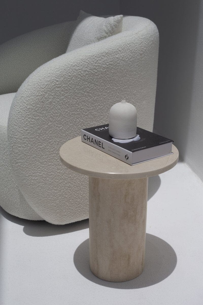 Harriet Crema Marfil Side Table with Travertine Base