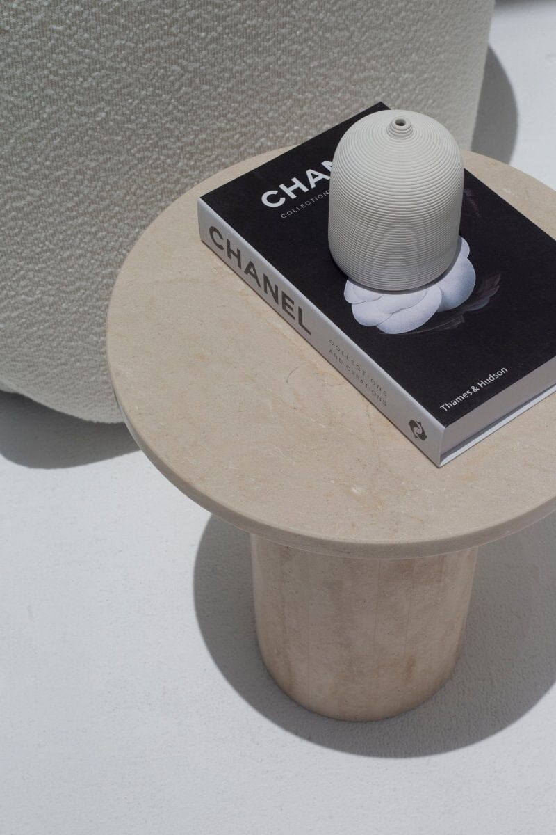 Harriet Crema Marfil Side Table with Travertine Base