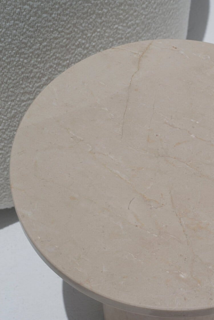 Harriet Crema Marfil Side Table with Travertine Base