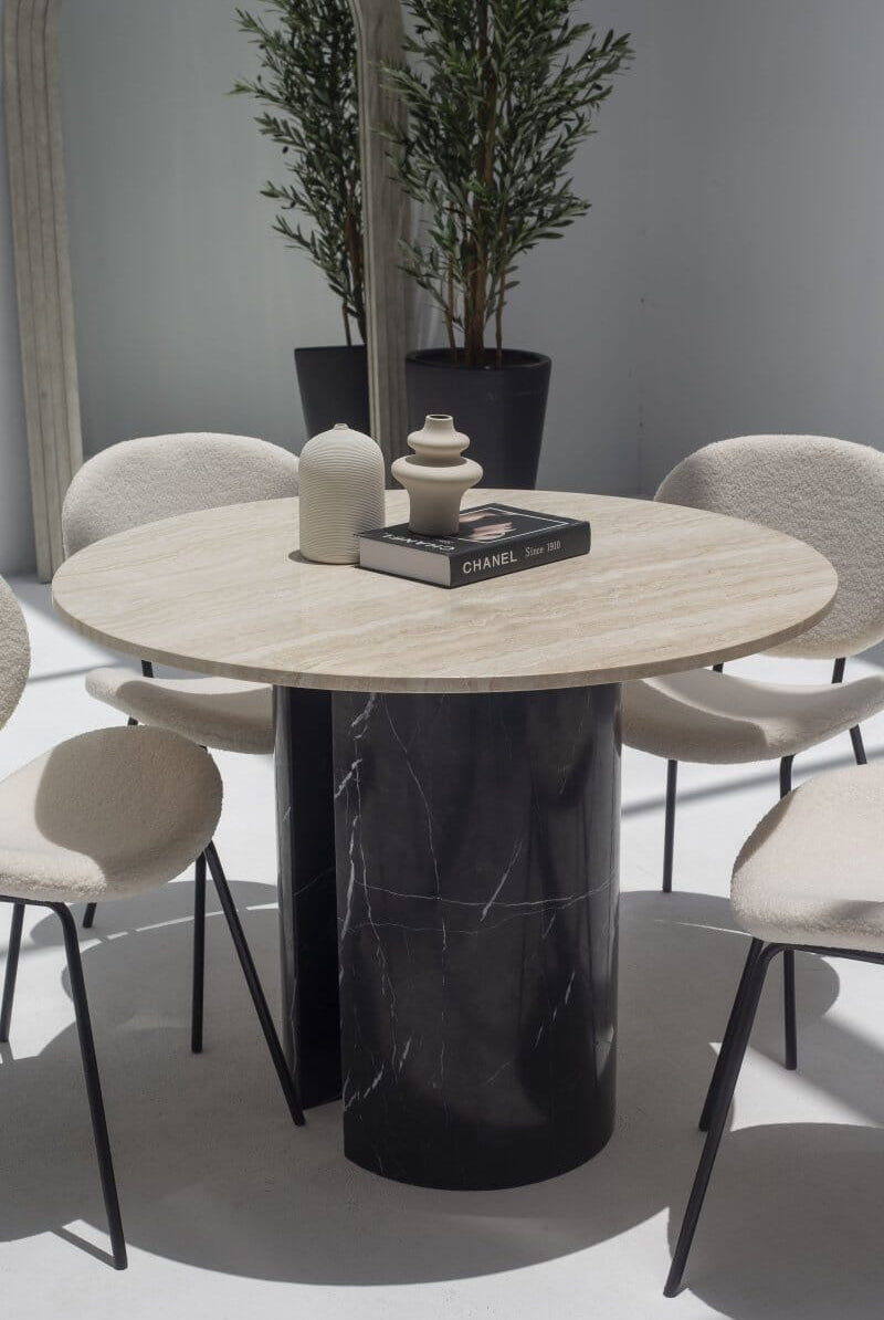 Orithyia Travertine Dining Table With Marquina Base (3 Sizes)