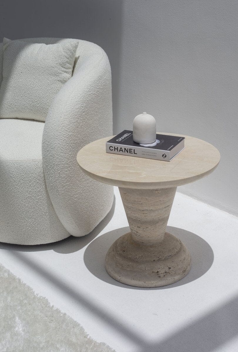 Heather Crema Marble Side Table with Solid Travertine Base