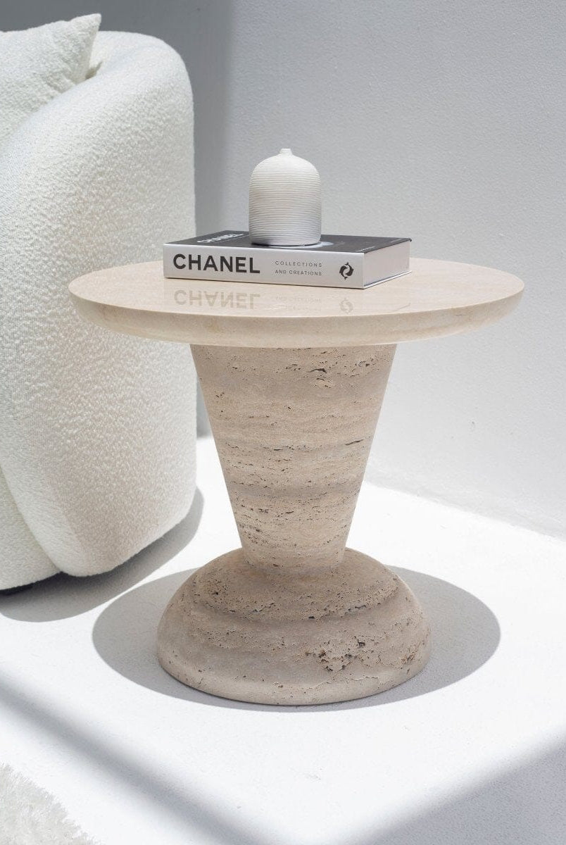 Heather Crema Marble Side Table with Solid Travertine Base