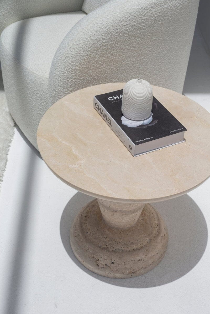 Heather Crema Marble Side Table with Solid Travertine Base