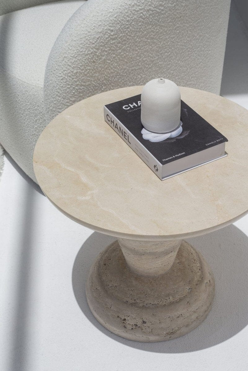 Heather Crema Marble Side Table with Solid Travertine Base