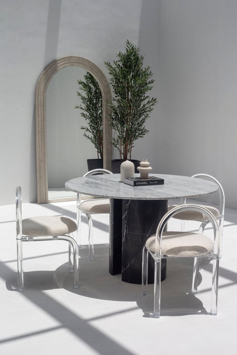 Orithyia Bianco Joya Marble Dining Table With Marquina Base (2 Sizes)