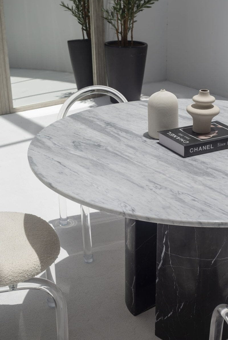 Orithyia Bianco Joya Marble Dining Table With Marquina Base (2 Sizes)
