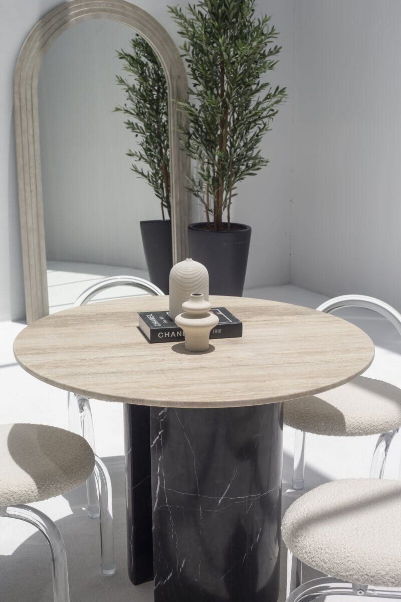 Orithyia Travertine Dining Table With Marquina Base (3 Sizes)