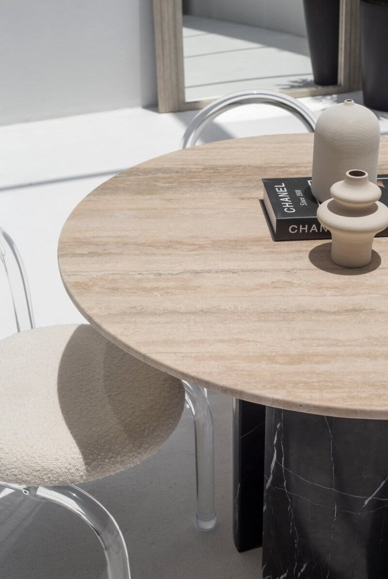 Orithyia Travertine Dining Table With Marquina Base (3 Sizes)