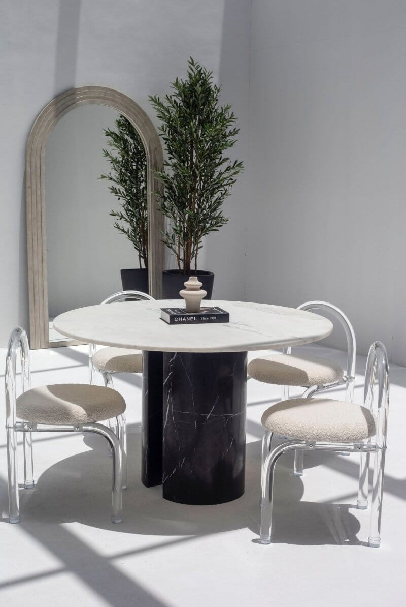 Orithyia White Marble Dining Table With Marquina Base (2 Sizes)