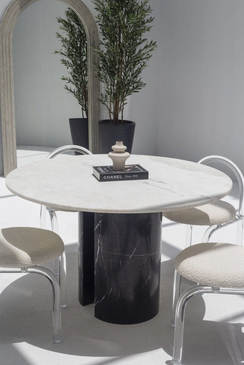Orithyia White Marble Dining Table With Marquina Base (2 Sizes)