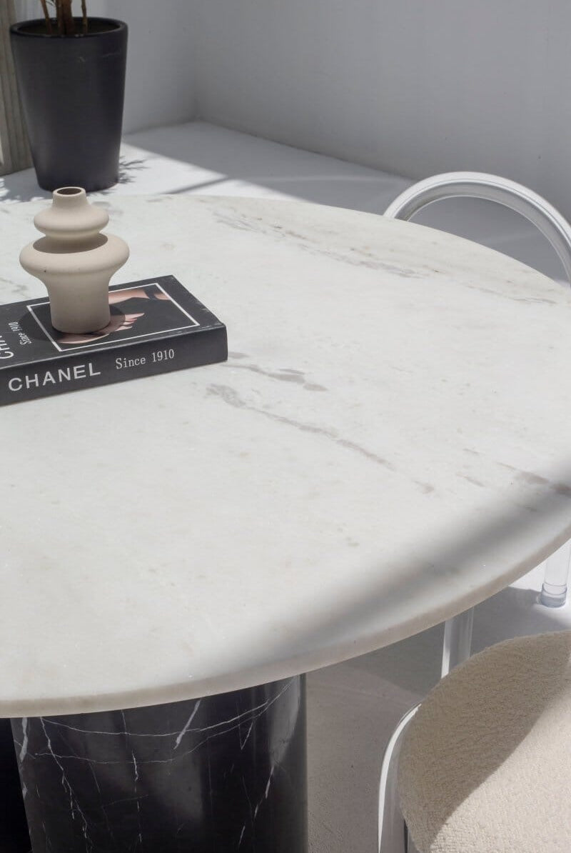 Orithyia White Marble Dining Table With Marquina Base (2 Sizes)
