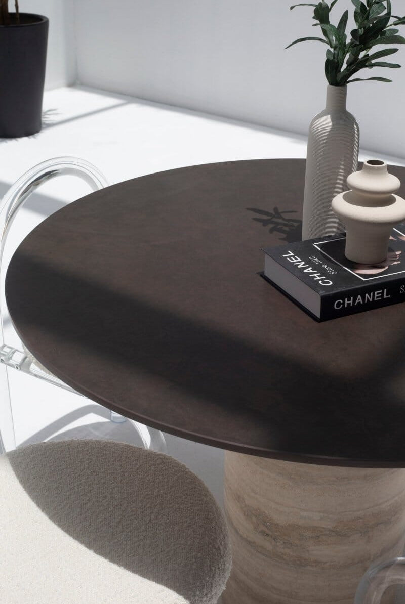 Cynthia Brown Dekton Dining Table with Travertine Base