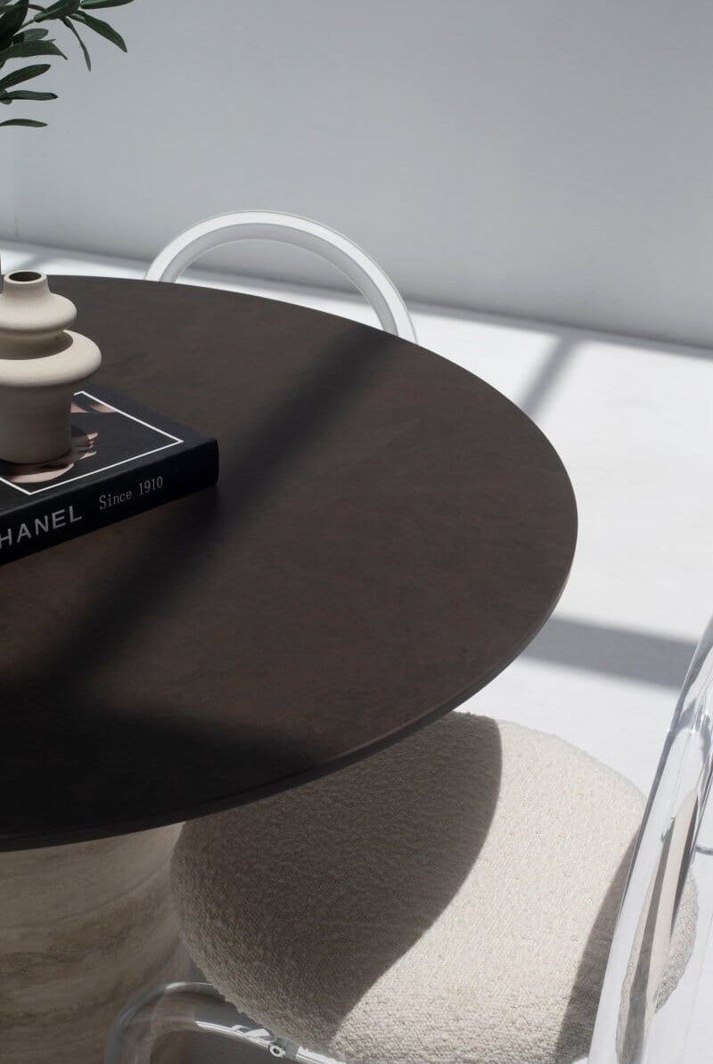 Cynthia Brown Dekton Dining Table with Travertine Base