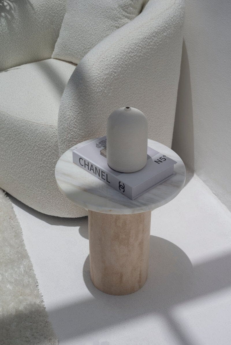 Harriet Calacatta Oro Marble Side Table with Travertine Base