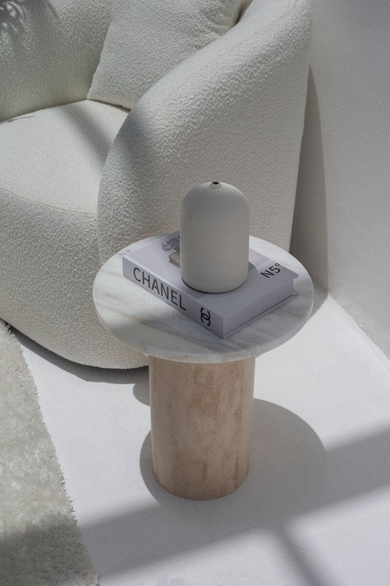 Harriet Calacatta Oro Marble Side Table with Travertine Base