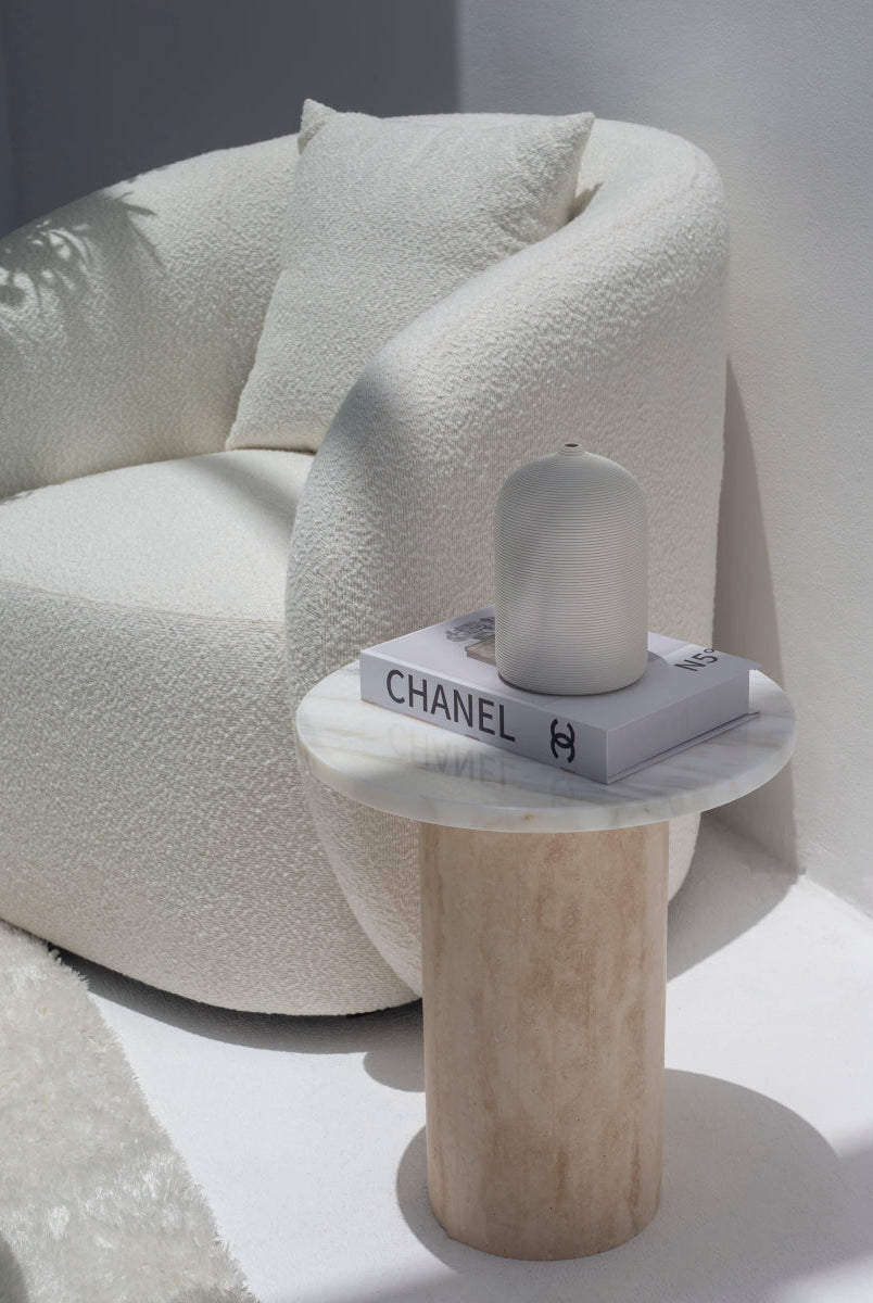 Harriet Calacatta Oro Marble Side Table with Travertine Base