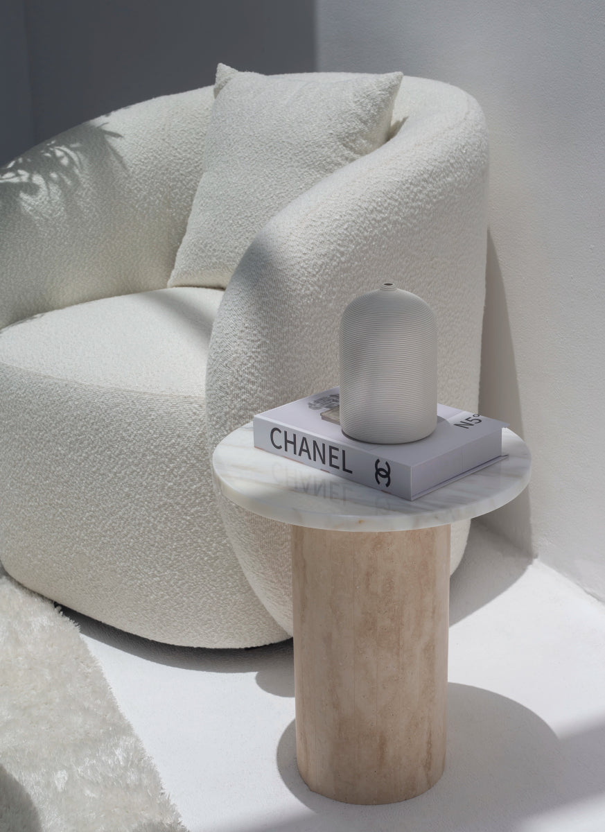 Harriet Calacatta Oro Marble Side Table with Travertine Base