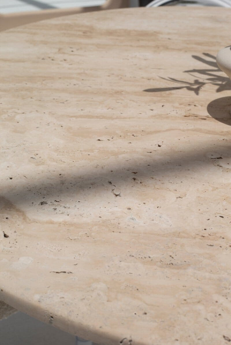 Pelagia Travertine Dining Table (5 Sizes) 90CM Diter x 76CM Height Unfilled Beige Travertine