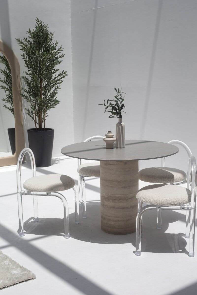 Cynthia Grey Dekton Dining Table with Travertine Base