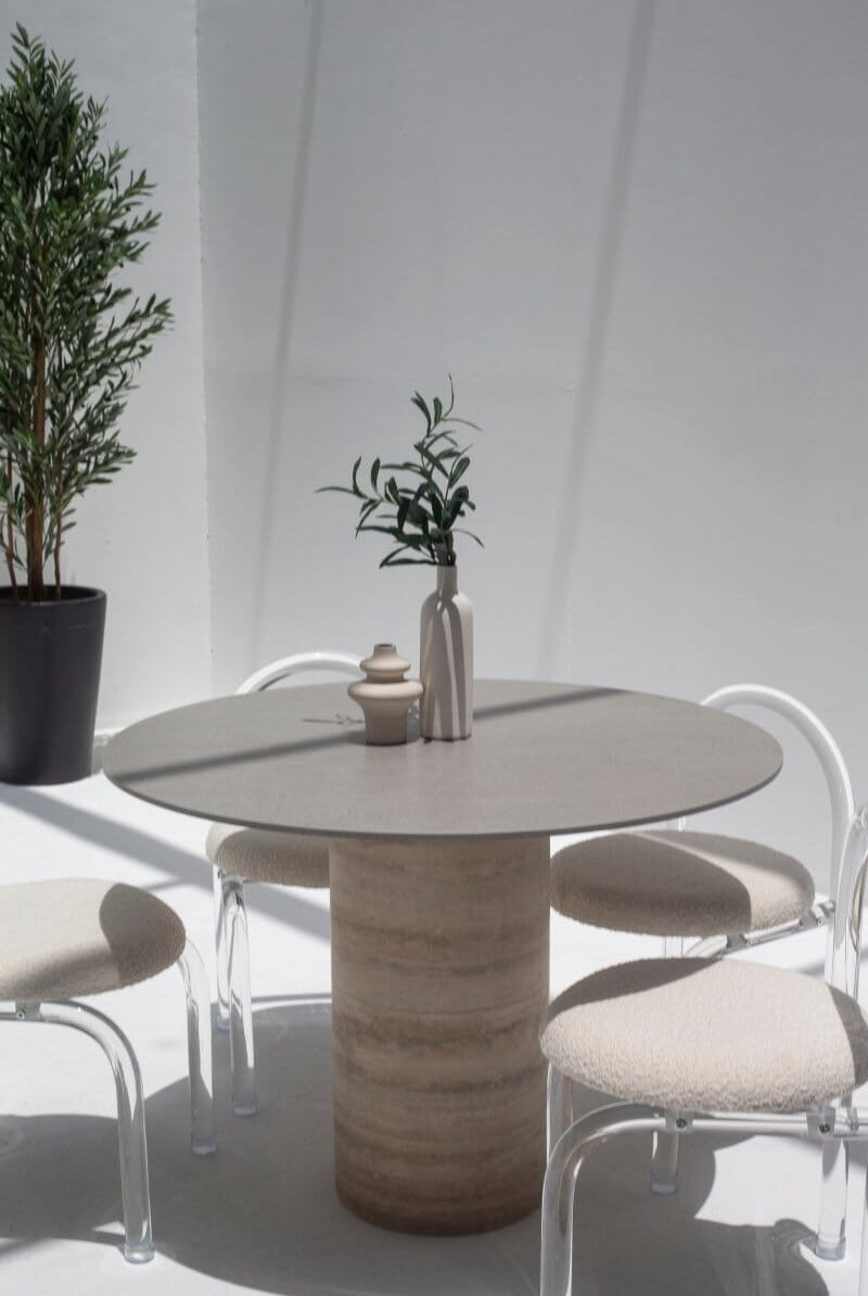 Cynthia Grey Dekton Dining Table with Travertine Base