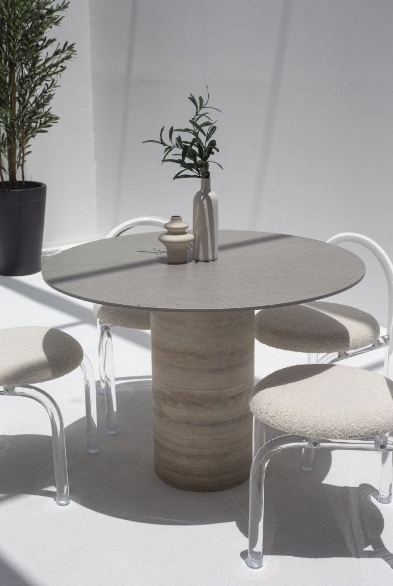Cynthia Grey Dekton Dining Table with Travertine Base