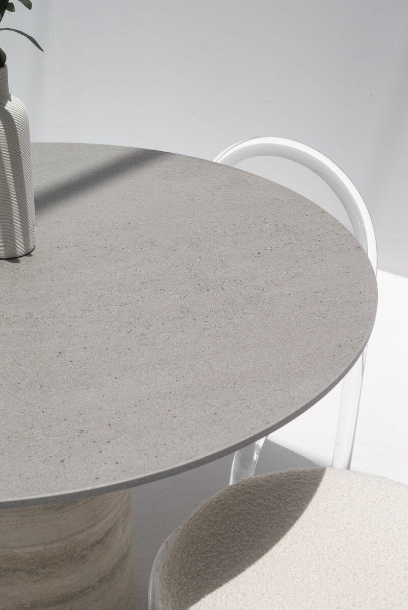 Cynthia Grey Dekton Dining Table with Travertine Base